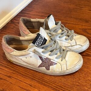 Golden Goose White Sneakers with Glittery Pink Star, Size 35